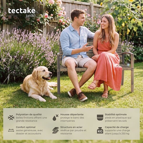 TECTAKE - 2 Places banc jardin résistant intempéries en polyrotin marron naturel 125x62 5x90 cm avec housse protection - large