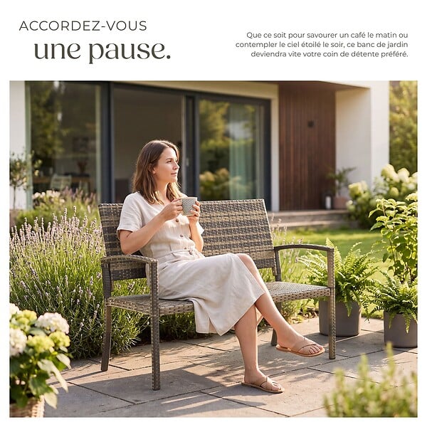 TECTAKE - 2 Places banc jardin résistant intempéries en polyrotin marron naturel 125x62 5x90 cm avec housse protection - large