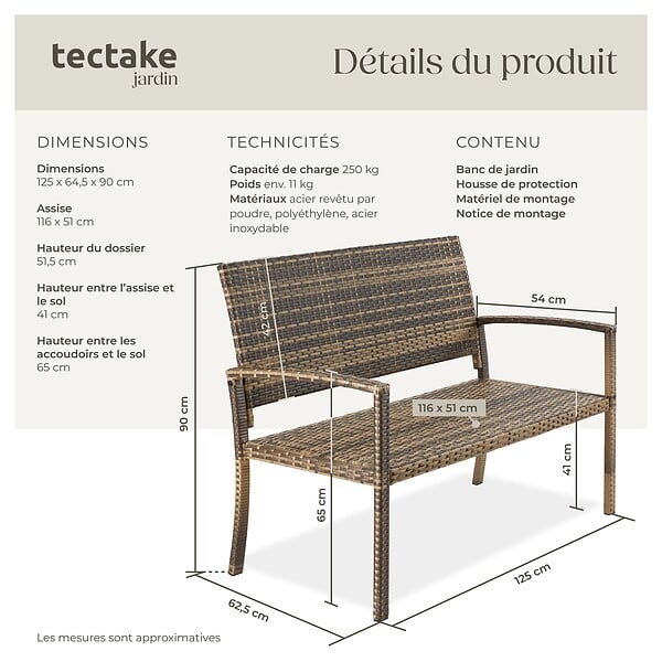 TECTAKE - 2 Places banc jardin résistant intempéries en polyrotin marron naturel 125x62 5x90 cm avec housse protection - large