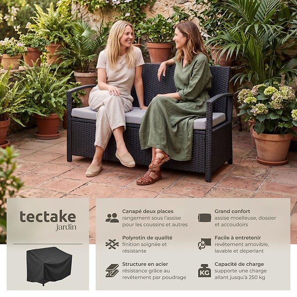 TECTAKE - 2 Places banc de jardin résistant aux intempéries 128 x 56 x 77,5 cm capacité de rangement 160 l avec housse de protection noir - large