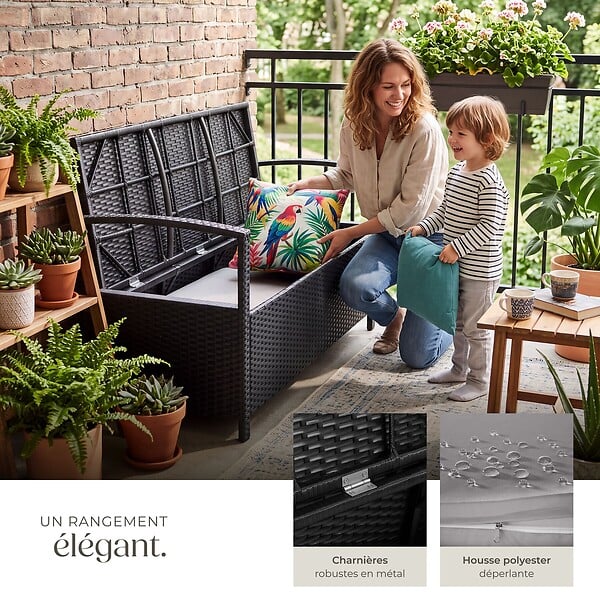 TECTAKE - 2 Places banc de jardin résistant aux intempéries 128 x 56 x 77,5 cm capacité de rangement 160 l avec housse de protection noir - large