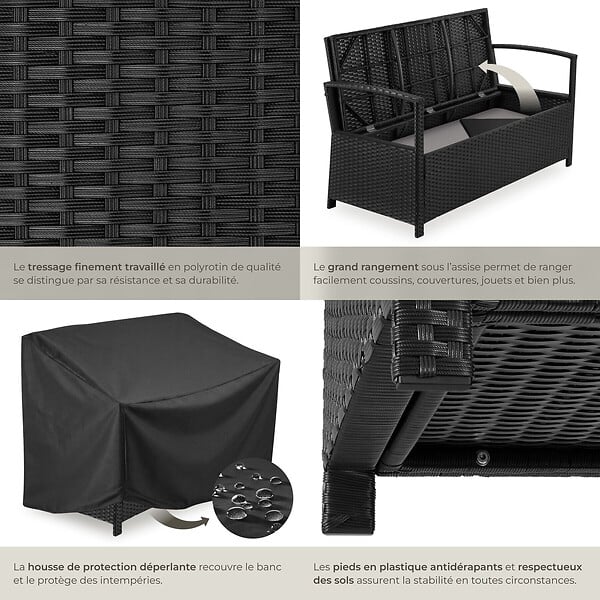 TECTAKE - 2 Places banc de jardin résistant aux intempéries 128 x 56 x 77,5 cm capacité de rangement 160 l avec housse de protection noir - large
