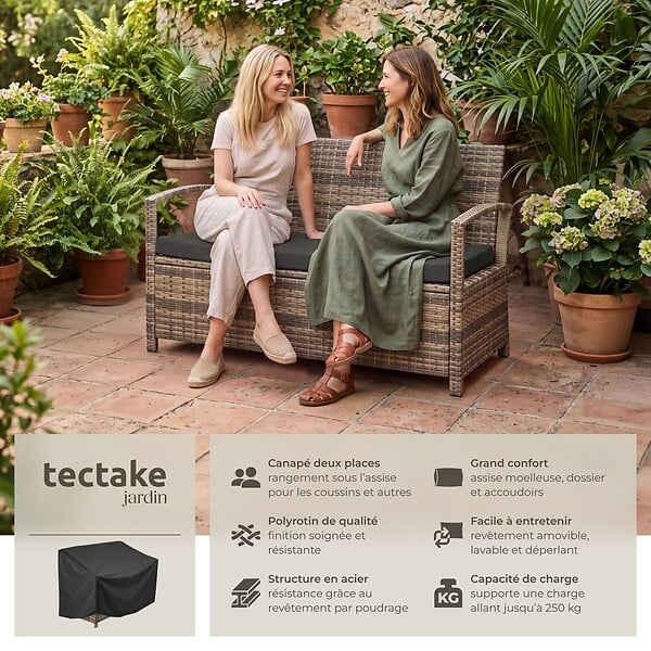 TECTAKE - 2 Places banc de jardin résistant aux intempéries marron naturel 128 x 56 x 77,5 cm capacité de rangement 160 l avec housse de protection - large