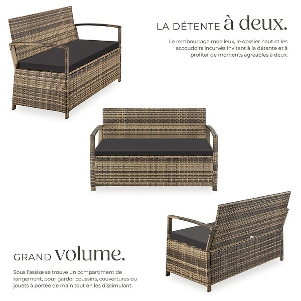 TECTAKE - 2 Places banc de jardin résistant aux intempéries marron naturel 128 x 56 x 77,5 cm capacité de rangement 160 l avec housse de protection - large