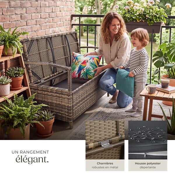 TECTAKE - 2 Places banc de jardin résistant aux intempéries marron naturel 128 x 56 x 77,5 cm capacité de rangement 160 l avec housse de protection - large