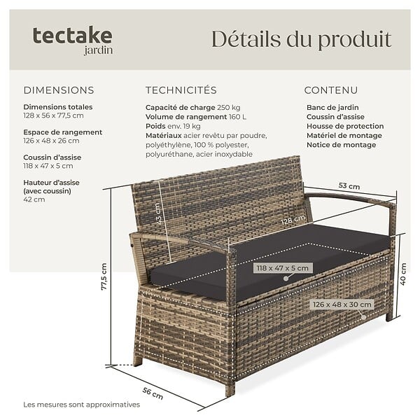 TECTAKE - 2 Places banc de jardin résistant aux intempéries marron naturel 128 x 56 x 77,5 cm capacité de rangement 160 l avec housse de protection - large