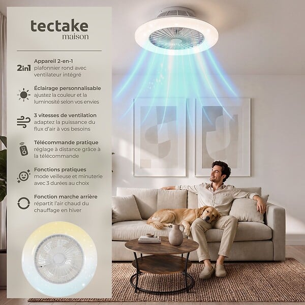 TECTAKE - Plafonnier led avec ventilateur intégré blanc ø 50 cm 3 000 6500 k 3 vitesses discret à intensité variable - large