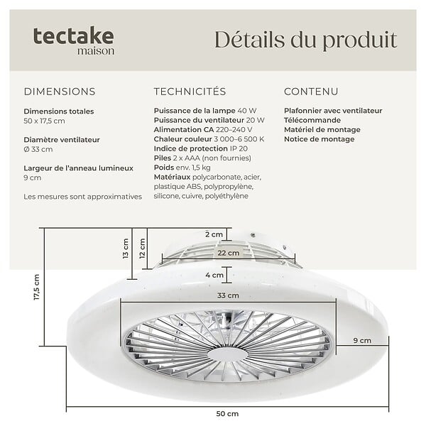 TECTAKE - Plafonnier led avec ventilateur intégré blanc ø 50 cm 3 000 6500 k 3 vitesses discret à intensité variable - large