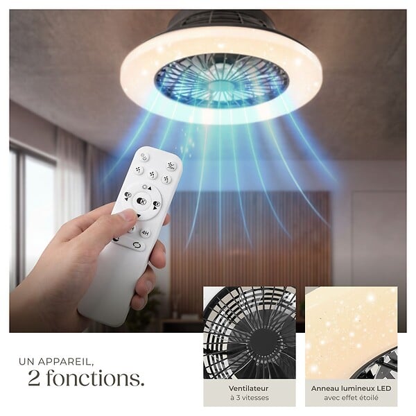 TECTAKE - Plafonnier led avec ventilateur intégré noir à intensité variable 50 cm 3000-6500 k 3 vitesses discrètement - large