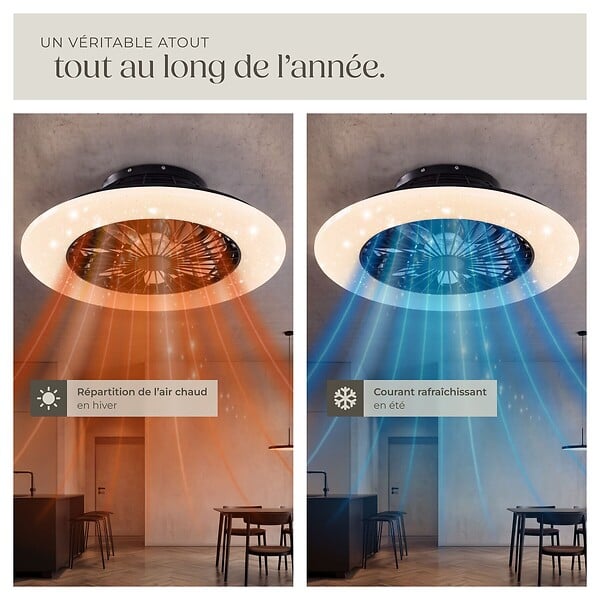 TECTAKE - Plafonnier led avec ventilateur intégré noir à intensité variable 50 cm 3000-6500 k 3 vitesses discrètement - large