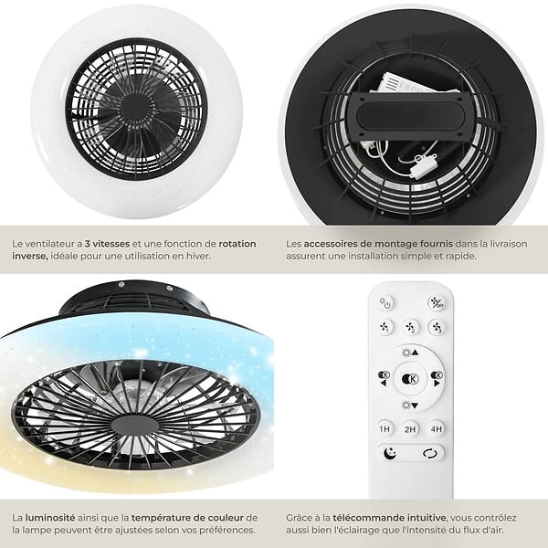 TECTAKE - Plafonnier led avec ventilateur intégré noir à intensité variable 50 cm 3000-6500 k 3 vitesses discrètement - large