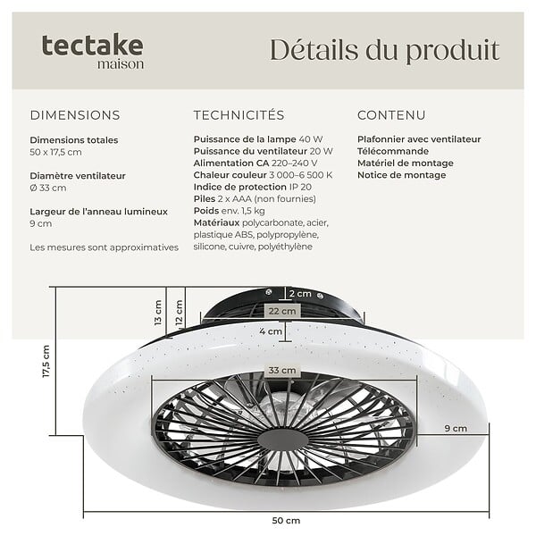 TECTAKE - Plafonnier led avec ventilateur intégré noir à intensité variable 50 cm 3000-6500 k 3 vitesses discrètement - large