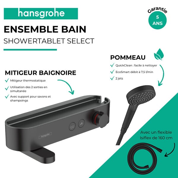 HANSGROHE - Pack mitigeur bain douche thermostatique ShowerTablet Select + Flexible Isiflex + Douchette Vernis Blend Noir mat - large