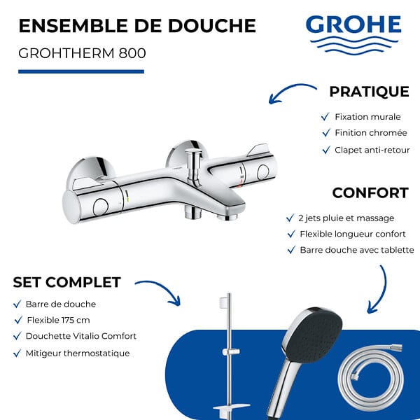 GROHE - Pack mitigeur BD mécanique Grohtherm 800 + Douchette Vitalio Comfort 110 + Barre Quickflix Vitalio Smartactive + Flexible - large