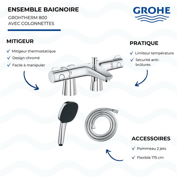 GROHE - Mitigeur baignoire thermostatique Grohtherm 800 avec colonnettes Idro'Flex + Douchette 2 jets Comfort + Flexible - large