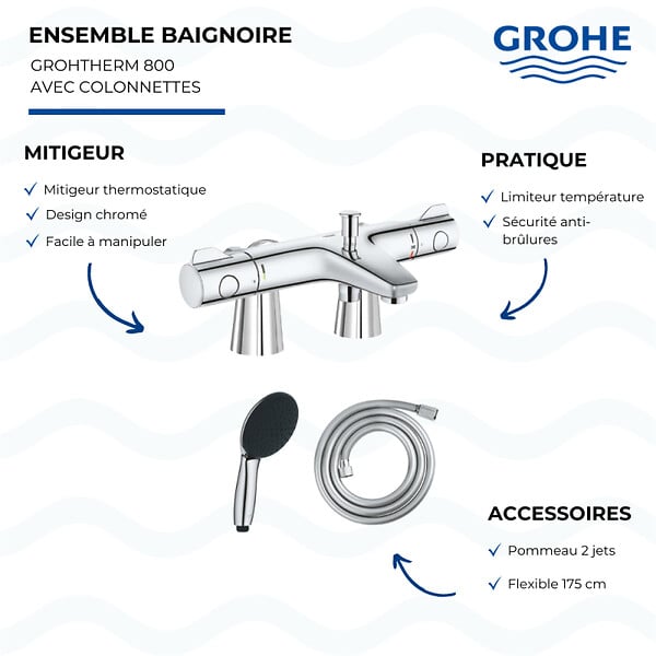 GROHE - Mitigeur baignoire thermostatique Grohtherm 800 avec colonnettes Idro'Flex + Douchette 2 jets Start + Flexible - large