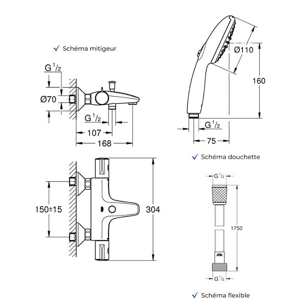 GROHE - Mitigeur baignoire thermostatique Grohtherm 800 avec colonnettes Idro'Flex + Douchette 2 jets Start + Flexible - large
