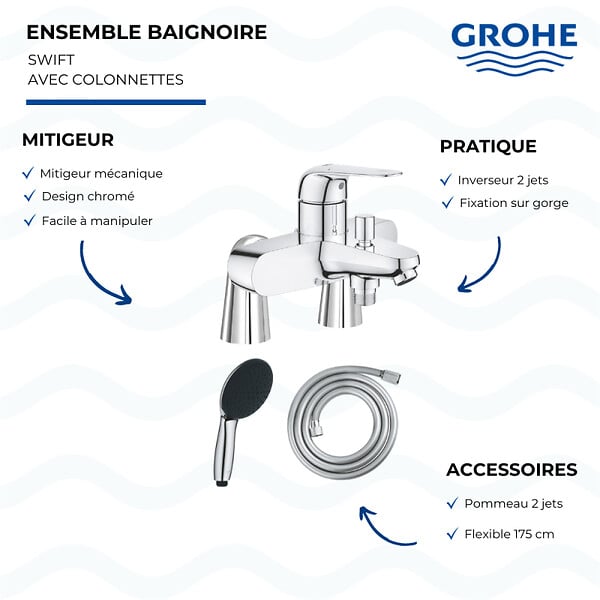 GROHE - Mitigeur baignoire mécanique Swift avec colonnettes Idro'Flex + Douchette 2 jets Start + Flexible - large