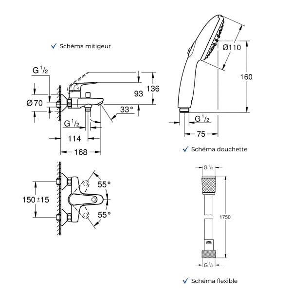 GROHE - Mitigeur baignoire mécanique Swift avec colonnettes Idro'Flex + Douchette 2 jets Start + Flexible - large