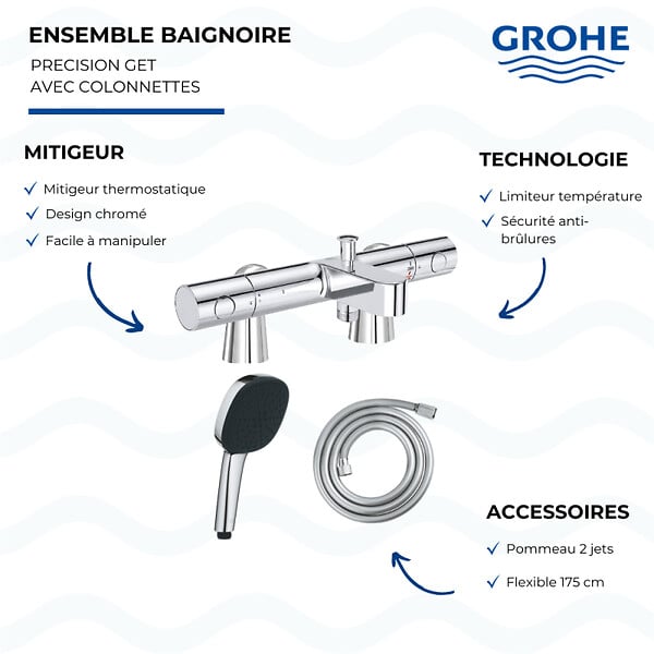 GROHE - Mitigeur baignoire thermostatique Precision Get avec colonnettes Idro'Flex + Douchette 2 jets Comfort + Flexible - large