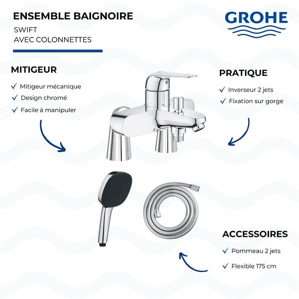 GROHE - Mitigeur baignoire mécanique Swift avec colonnettes Idro'Flex + Douchette 2 jets Comfort + Flexible - large