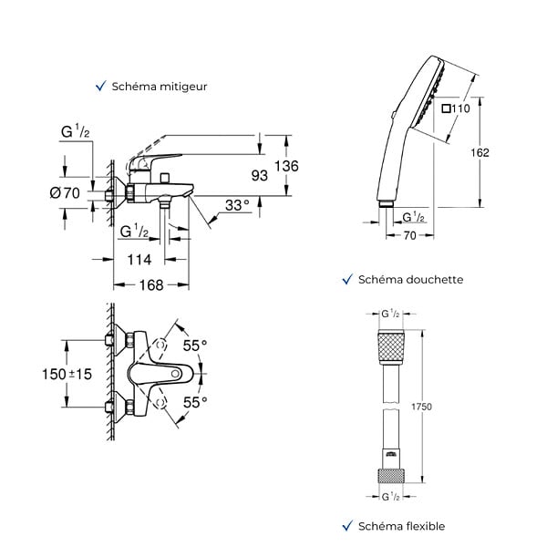 GROHE - Mitigeur baignoire mécanique Swift avec colonnettes Idro'Flex + Douchette 2 jets Comfort + Flexible - large
