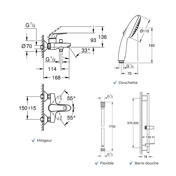 GROHE - Pack mitigeur BD mécanique Swift + Douchette Vitalio Start 110 + Barre Quickflix Vitalio Smartactive + Flexible - large
