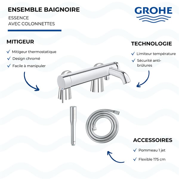 GROHE - Mitigeur baignoire mécanique Essence avec colonnettes Idro'Flex + Douchette 1 jet + Flexible - large