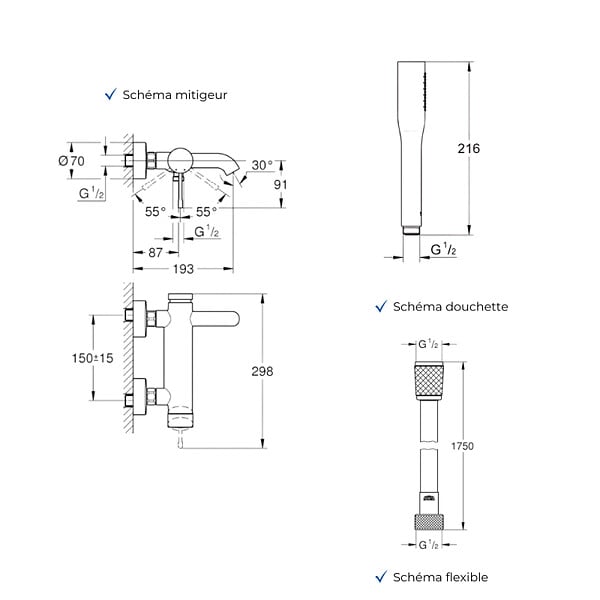 GROHE - Mitigeur baignoire mécanique Essence avec colonnettes Idro'Flex + Douchette 1 jet + Flexible - large