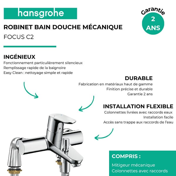 HANSGROHE - Mitigeur baignoire mécanique Focus C2 chromé - large