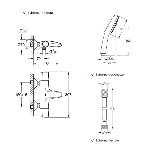 GROHE - Mitigeur baignoire thermostatique Precision Trend avec colonnettes Idro'Flex + Douchette 2 jets Comfort + Flexible - large