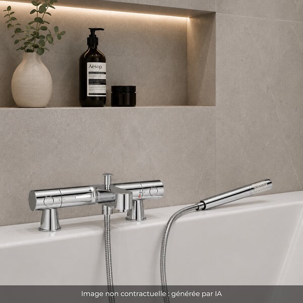 GROHE - Mitigeur baignoire thermostatique Grohtherm 800 Cosmopolitan 1/2 avec colonnettes Idro'Flex + Douchette 1 jet + Flexible - large
