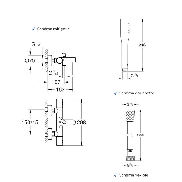 GROHE - Mitigeur baignoire thermostatique Grohtherm 800 Cosmopolitan 1/2 avec colonnettes Idro'Flex + Douchette 1 jet + Flexible - large