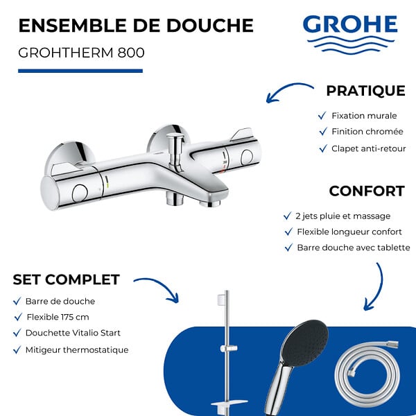 GROHE - Pack mitigeur BD mécanique Grohtherm 800 + Douchette Vitalio Start 110 + Barre Quickflix Vitalio Smartactive + Flexible - large