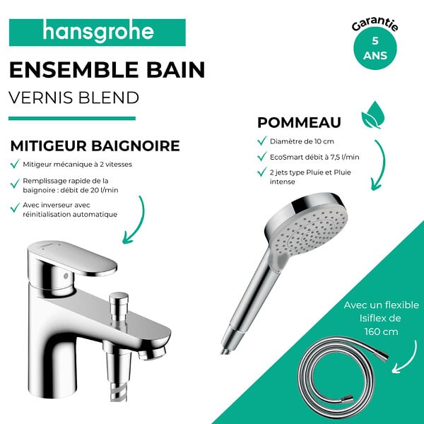 HANSGROHE - Pack mitigeur bain douche mécanique Vernis Blend C2 + Pommeau de douche Vernis Blend + Flexible Isiflex chromé - large