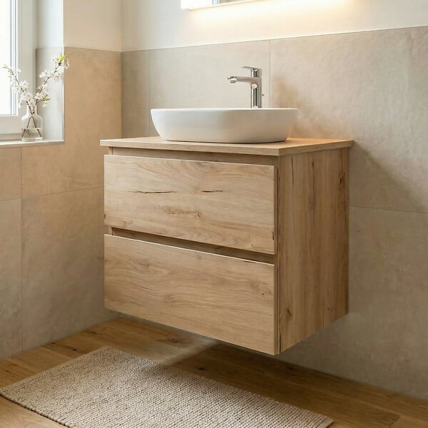 SWISS AQUA TECHNOLOGIES - Meuble salle de bain suspendu 59 x 50 x 45 cm – 2 tiroirs – plaque de recouvrement – chêne mat – B-Way (BWAY260OAKDESK) - large