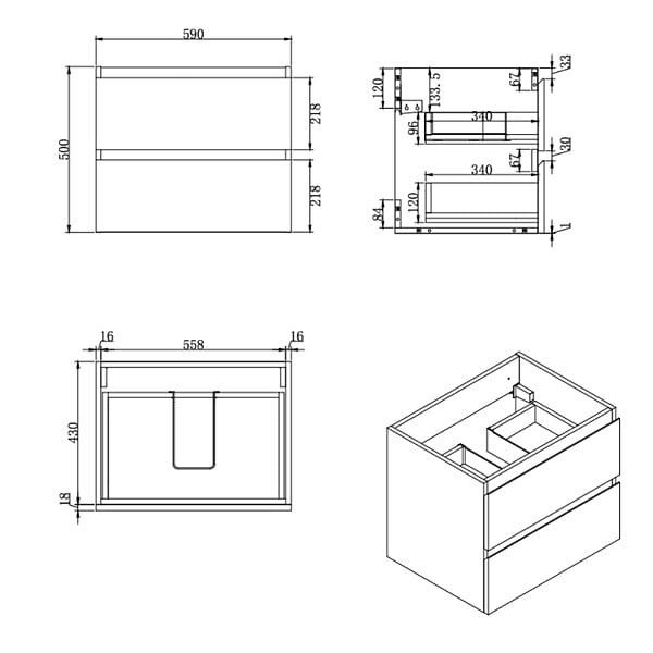 SWISS AQUA TECHNOLOGIES - Meuble salle de bain suspendu 59 x 50 x 45 cm – 2 tiroirs – plaque de recouvrement – chêne mat – B-Way (BWAY260OAKDESK) - large