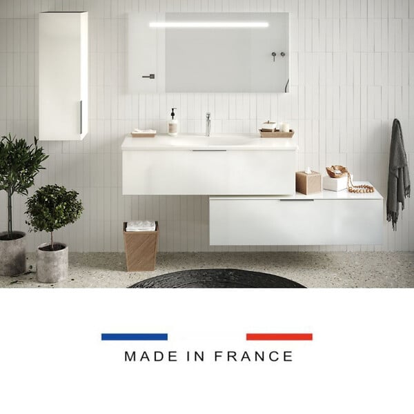 BURGBAD - Meuble vasque 90 cm Olena en décaler blanc brillant + colonne - large