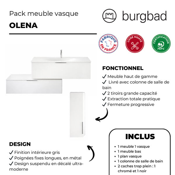 BURGBAD - Meuble vasque 90 cm Olena en décaler blanc brillant + colonne - large