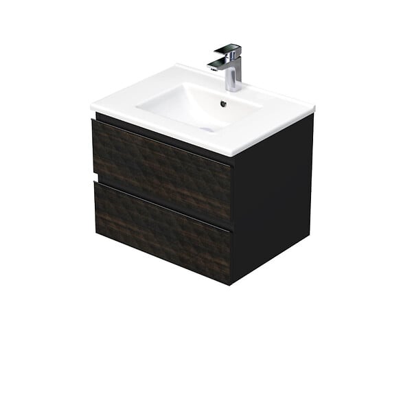 SWISS AQUA TECHNOLOGIES - Cube Way 60x47,5x46 cm meuble de salle de bain suspendu 2 tiroirs avec lavabo en céramique, marron mat (CUBE3D602ZHMOD) - large