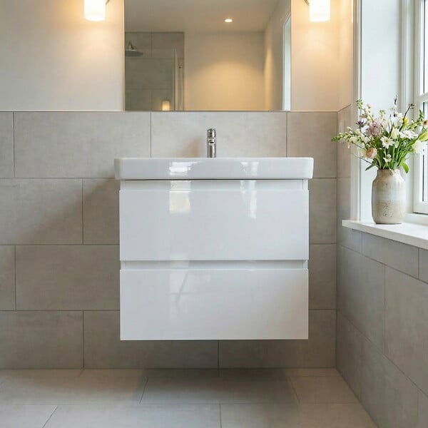 SWISS AQUA TECHNOLOGIES - Meuble salle de bain suspendu 59 x 50 x 45 cm avec lavabo céramique blanc brillant – 2 tiroirs – B-Way (BWAY260WU1BI) - large