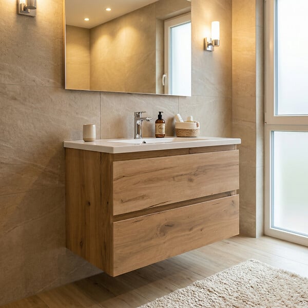 SWISS AQUA TECHNOLOGIES - B-Way 79x50x45 cm meuble de salle de bain suspendu 2 tiroirs avec lavabo en marbre coulé, chêne mat (BWAY280OAKU) - large
