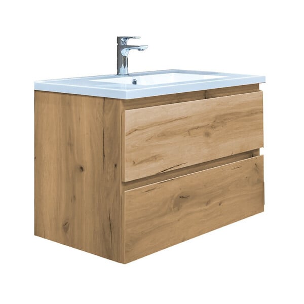 SWISS AQUA TECHNOLOGIES - B-Way 79x50x45 cm meuble de salle de bain suspendu 2 tiroirs avec lavabo en marbre coulé, chêne mat (BWAY280OAKU) - large