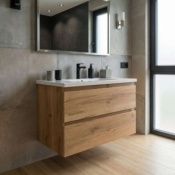 SWISS AQUA TECHNOLOGIES - B-Way 79x50x45 cm meuble de salle de bain suspendu 2 tiroirs avec lavabo en marbre coulé, chêne mat (BWAY280OAKU) - large