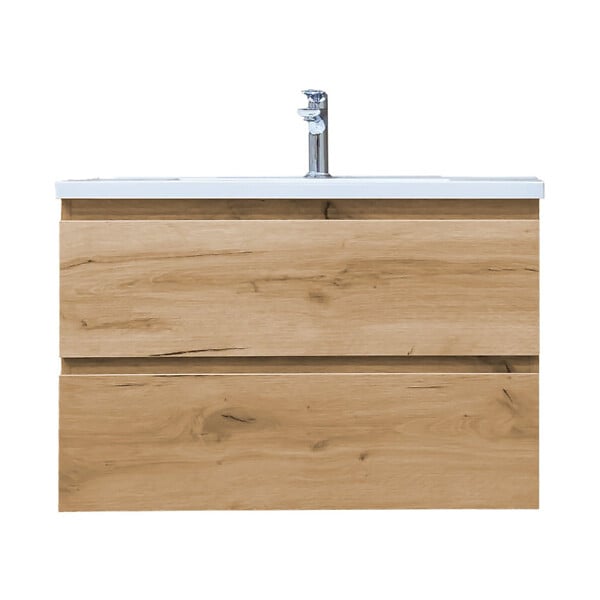 SWISS AQUA TECHNOLOGIES - B-Way 79x50x45 cm meuble de salle de bain suspendu 2 tiroirs avec lavabo en marbre coulé, chêne mat (BWAY280OAKU) - large