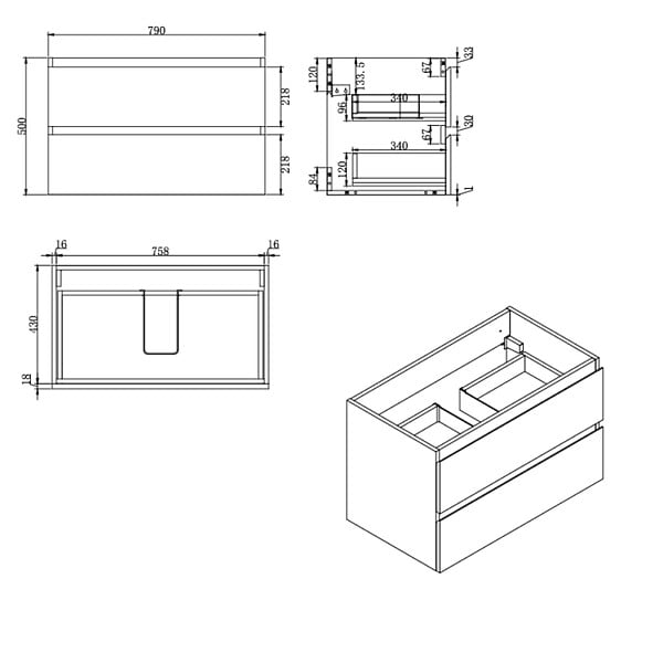 SWISS AQUA TECHNOLOGIES - B-Way 79x50x45 cm meuble de salle de bain suspendu 2 tiroirs avec lavabo en marbre coulé, chêne mat (BWAY280OAKU) - large
