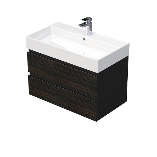 SWISS AQUA TECHNOLOGIES - Cube Way 80x47,5x46 cm meuble de salle de bain suspendu 2 tiroirs avec lavabo en céramique, marron mat (CUBE3D46802ZHSAT) - large