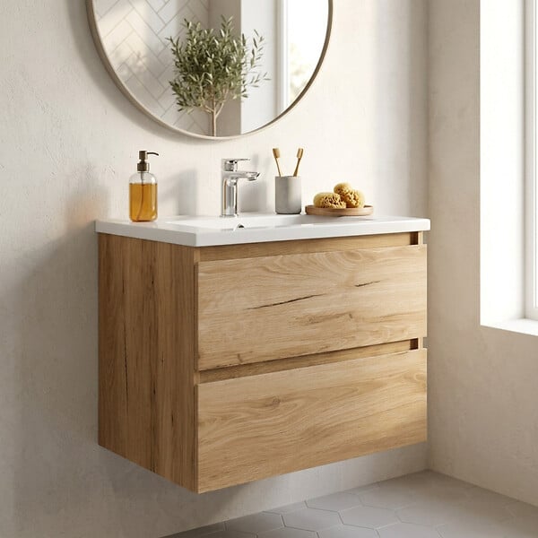 SWISS AQUA TECHNOLOGIES - B-Way 59x50x45 cm meuble de salle de bain suspendu 2 tiroirs avec lavabo en marbre coulé, chêne mat (BWAY260OAKU) - large