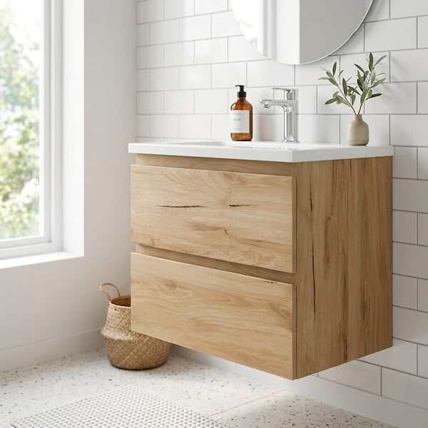 SWISS AQUA TECHNOLOGIES - B-Way 59x50x45 cm meuble de salle de bain suspendu 2 tiroirs avec lavabo en marbre coulé, chêne mat (BWAY260OAKU) - large