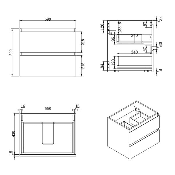 SWISS AQUA TECHNOLOGIES - B-Way 59x50x45 cm meuble de salle de bain suspendu 2 tiroirs avec lavabo en marbre coulé, chêne mat (BWAY260OAKU) - large